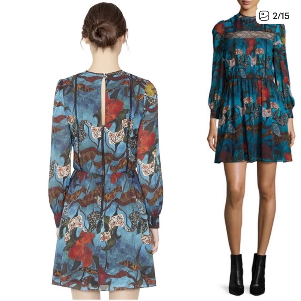 ALICE & OLIVIA blue floral Aimee lace trim silk dress​ - Picture 2 of 4